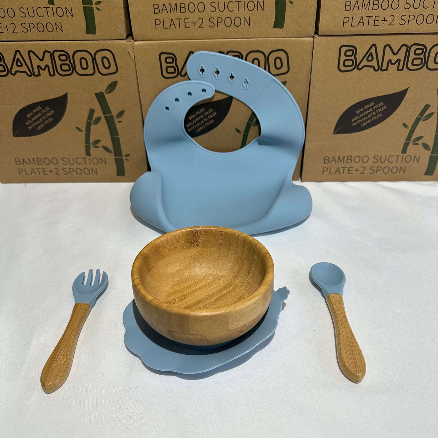 Bamboo Suction Plate + Bowl + 2 Spoon