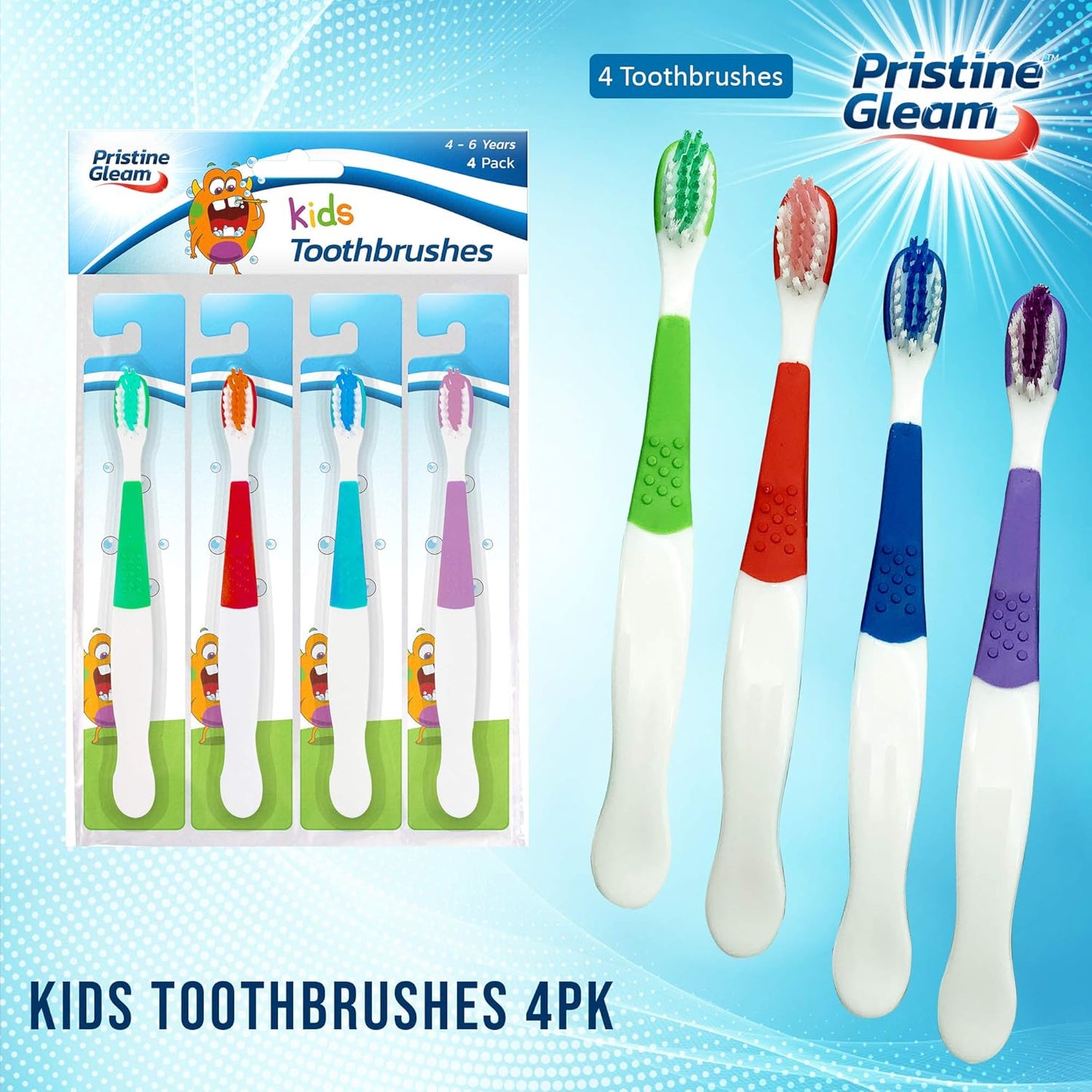 4pk Children Toothbrush Pack in Red, Green, Blue & Purple